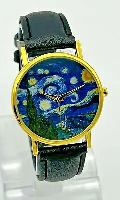 NEW Unisex Vincent Van Gogh STARRY NIGHT Gold Tone Black Band Art Gift Watch • $13.59