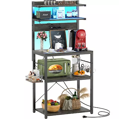 Kitchen Bakers Rack With Power Outlet Microwave Stand Rustic Coffee Bar Station • $88.31