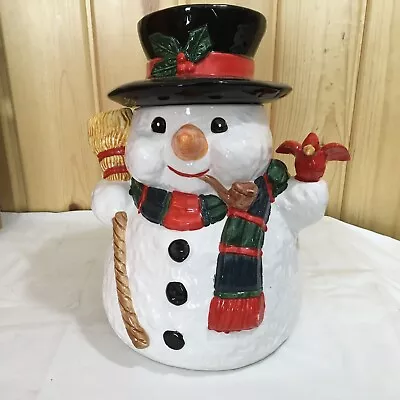 Vintage CHRISTMAS VILLAGE™ EARTHENWARE SNOWMAN COOKIE JAR 10” H X 8” W B73 • $29.99