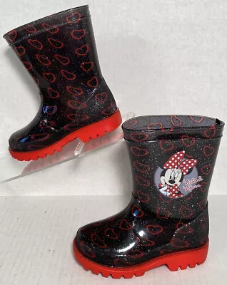 Disney Minnie Mouse Rain Boots Toddler Size 6 Waterproof Easy On Hearts Rubber • $14.97