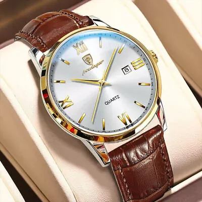 Men's Leather Quartz Watches Fashion Waterproof Luminous Date Wristwatch Gift UK • £12.59