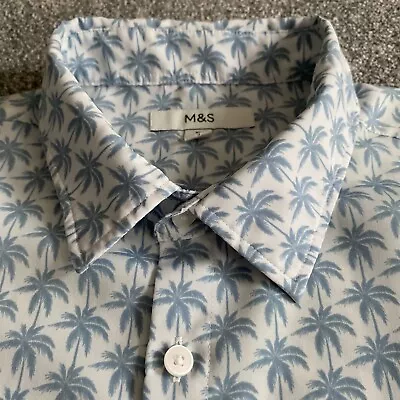 M&S Tropical Shirt Mens XL Blue Palm Trees Hawaiian SS Beach Holiday Summer • £14.90