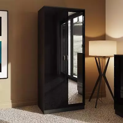 Chilton Double 2 Door Wardrobe With Mirror In Black High Gloss • £159.99