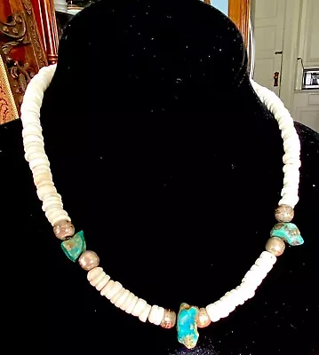Vintage Old Pawn Santo Domingo Turquoise Sterling Bench Beads Shel Necklace G129 • $79