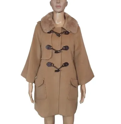 Women's Duffle Coat Jacket  10 95% Wool Tan Cape Soft Fur  Military Range Winter • $47.82