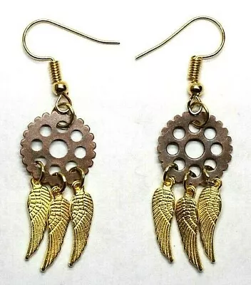 Steampunk Earrings Wings Gears Dangle Hooks Gold Metallic Punk Jewelry Handmade • $4.98