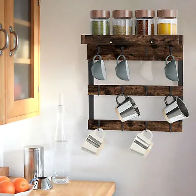 Rustic Mug Rack Wall Mounted Shelf Coffee Cup Teacup Hanger Holder W/ 12 Hooks • £26.92