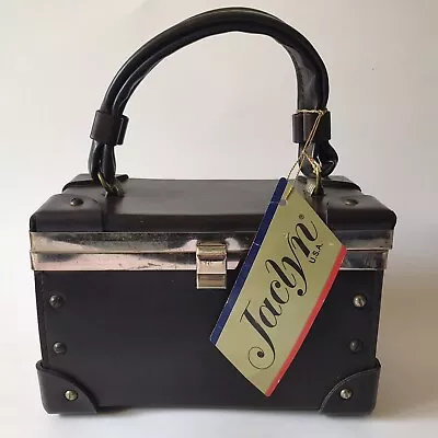 Vintage 1960s Jaclyn Faux Leather Box Purse W/ Tag Dark Brown Brass Rivets Bag • $55.99
