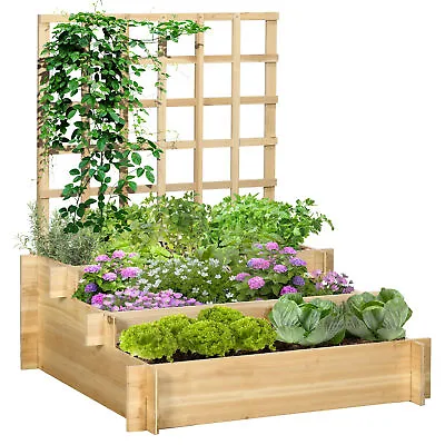 Outsunny 3 Tier Wooden Garden Planters With Trellis For Vine Climbing Plants • £59.99