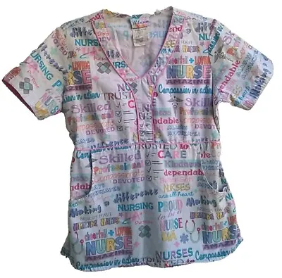 UA Scrubs Women's Scrub Small Multicolor Vneck Cotton Blend Kindness Words Print • $10.79