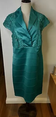 Chelsea Designs Green Cocktail Dress Midi Short Sleeve Sequins Lace Party - 16 • $19.90