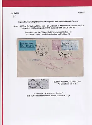 Sudan 1932 Airmail Imperial Airways From South Africa  City Of Delhi Crash • £84.36