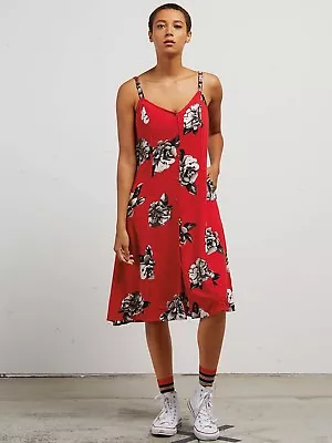 NWT WOMENS VOLCOM CANARY ISLAND DRESS $65 S Rad Red Spaghetti Strap Flower • $24