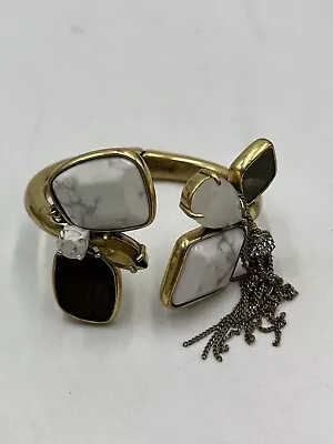 J. Crew Unique Mixed Stones Wood Crystals Tassel Hinged Gold Cuff Bracelet • $39.99