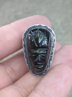 Vtg Sterling Silver Aztec Mayan Black Obsidian Carved Mask Ring Sz 7.5 G4 • $59.99