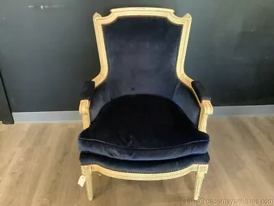 Vintage Velvet Royal Blue Arm Chair  Wood Frame French Worn Finish Sturdy • $1295