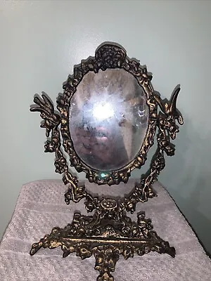 Vintage  Ornate Cast Brass Vanity Table Mirror With Trinket Tray • $102.51