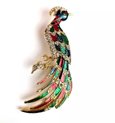 Large Vintage Peacock Bird Rhinestone And Enamel Brooch Colorful 3.25 Inch Pin • $16.95