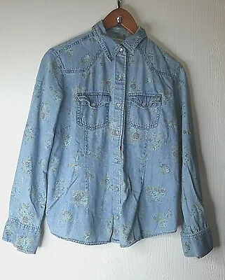 Victoria Jones Medium Shirt Womens Floral Denim Pearl Snap Cowgirl Western  • $14.25