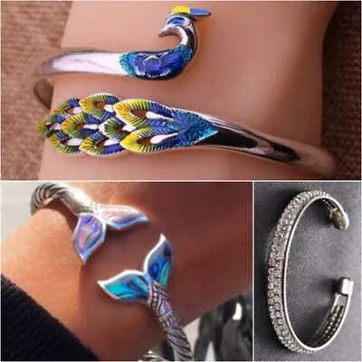 £3.66 • Buy Simple 925 Silver Peacock Bracelet Bangle Cuff Women Wedding Jewelry