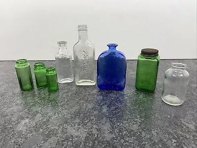 Lot Of 8 Vintage Assorted Clear & Colored Glass Apothecary Bitters Bottles • $29.95