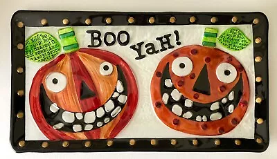 Vintage Halloween Art Glass Metallic JOL Jack-O’-Lantern Pumpkin Boo Yah! Tray • $28.95