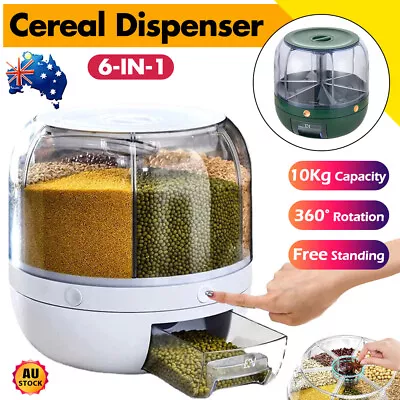 Grain Container 6-in-1 Cereal Dispenser Rotating 10KG Rice Storage Dry Food Box • $28.99