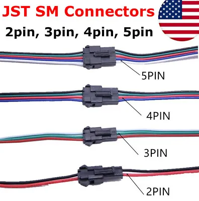 JST SM 2pin 3pin 4pin 5pin Male And Female 22AWG Connector Plug Led Strip Light • $8.84