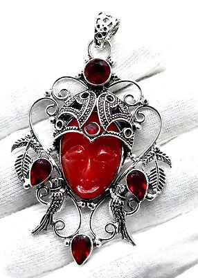 Bone Face & Garnet Gemstone Handmade Buddha Pendant 925 Sterling Jewelry Size-3 • $9.44