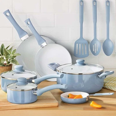 $40.36 • Buy Mainstays 12pc Ceramic Cookware Set, Blue Linen