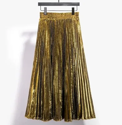 Ladies Gold Metallic Elegant Chic Long Pleated Womans  Scarlet Skirt  10 12 • £64.99