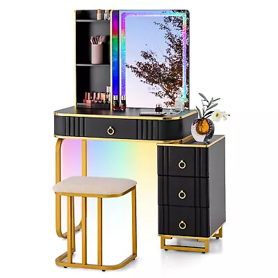 Vanity Table Set With RGB LED Lights Crystal Crush Diamond Mirror Drawers Black • $229.99