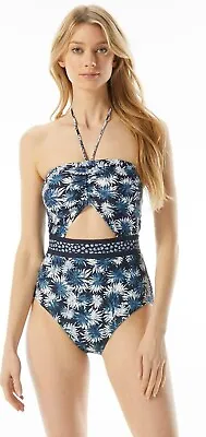 Michael Kors Women's Palm Print Cutout Bandeau One-Piece Swimsuit Blue Size 14 • $24.69