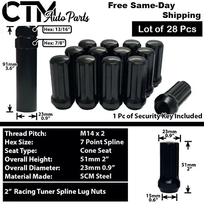 28x 2  Black 14x2 Spline Tuner Racing Lug Nut Fit 04-14 Ford F150 HD 7Lug Model • $25.75