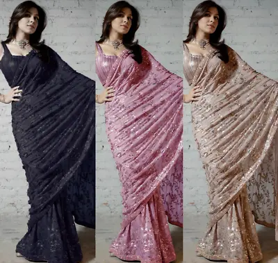 £29.99 • Buy Georgette Silk Sequence Saree Indian Bollywood Party Wear Designer Sequin Sari