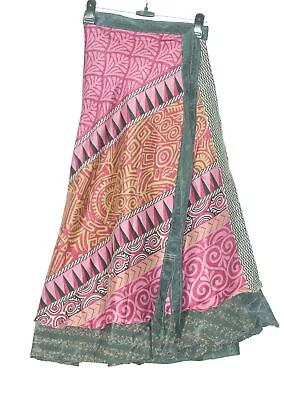 Sushila Vintage Gray & Pink Silk Saree Magic Wrap Reversible Skirt Beach Dress • $16.49
