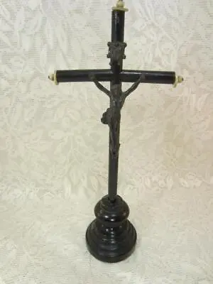 *Antique 1900 Wood Metal Crucifix Christian Cross Religious Figure In Stand 9  • $44.98