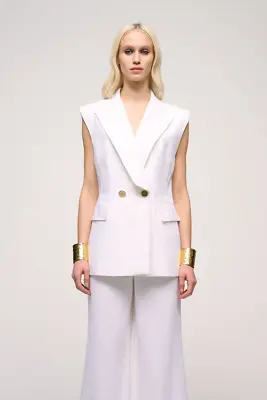 Womens 2Pc White Linen Suit Custom Made Double Breatsed Vest Coat Wide Leg Pant • £379.99