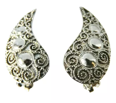 KJL Kenneth Jay Lane Silver Tone Cannetille Filigree Paisley Clip Earrings Vtg • $69.99