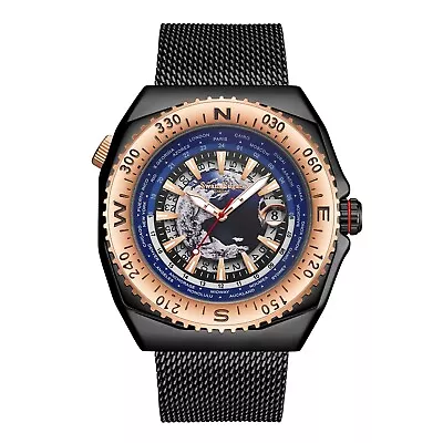 Mens Automatic Watch Black World Compass Mesh Bracelet Swan & Edgar • £59.99