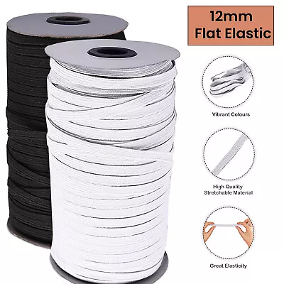 12mm Flat Elastic Cord Waist Band For Face Mask Craft Sewing Trouser Dress DIY • £3.29