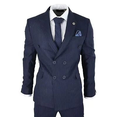 Mens Double Breasted Suit Navy Pinstripe 1920s Mafia Gangster Blinders Wedding • £139.99