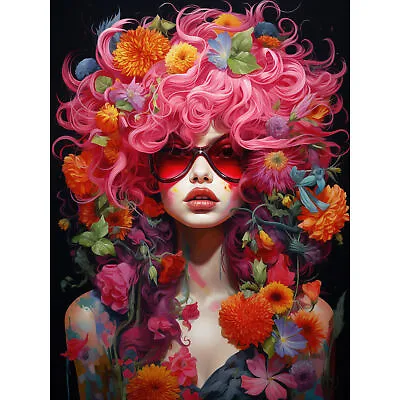 Flowerpunk Woman With Pink Hair And Flowers Vibrant Wall Art Poster Print Giant • £18.49