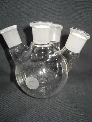 CHEMGLASS 14/20 Joint Glass Angled 4-Neck 100mL Round Bottom Flask Small Chip • $34.99