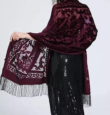 Vintage Silk Blend  Burgundy Velvet Devore Scarf /small Shawl Wrap Elegant • £14.85