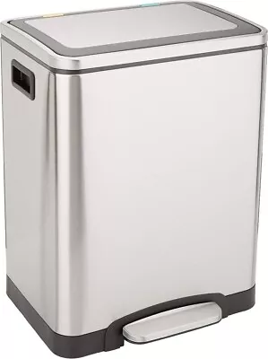 Dual Bin Rectangular Trash Can Soft Close Foot Pedal 30 Liter Brushed Stainless • $44.55