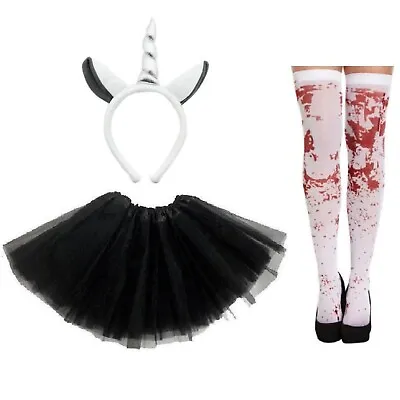 ZOMBIE GREY UNICORN COSTUME Ladies Kids Scary Ghost Halloween Fancy Dress Outfit • £12.05