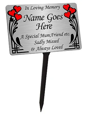 Personalised Memorial Plaque With Stake. Red Hearts. Brushed Silver. Garden • £12.99