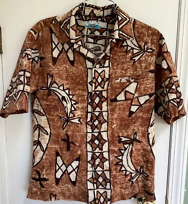$27.99 • Buy Vintage Pennys Brown Hawaiian Shirt Tiki Bark Cloth Mens Size  S - XS Cotton