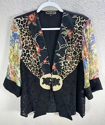 Violet Kay Black Leopard Floral Mixed Media Kimono Jacket Lace Silk Rayon Sz L • $39.24